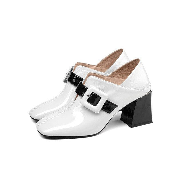 Women Pumps High Heels Natural Genuine Leather Buckle Thick High Heel Shoes