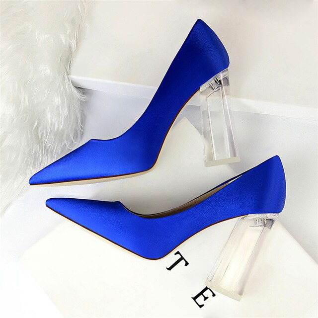 Women Block 10cm High Heels Lady Scarfpins Green Satin Pumps Chunky Wedding Bridal Blue Silk Transparent Shoes