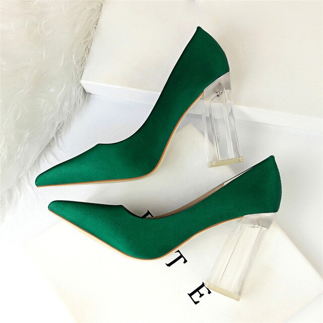 Women Block 10cm High Heels Lady Scarfpins Green Satin Pumps Chunky Wedding Bridal Blue Silk Transparent Shoes