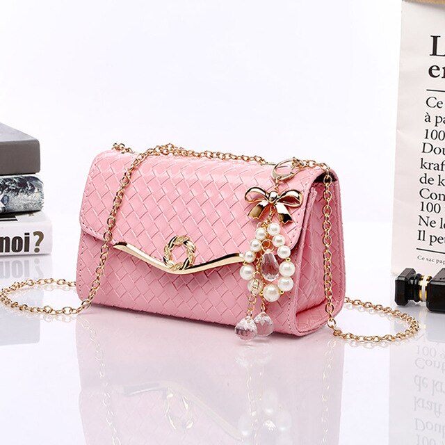 PU Leather Plaid Shoulder Bags For Women Pearl Chains Trendy Female Crossbody Bag