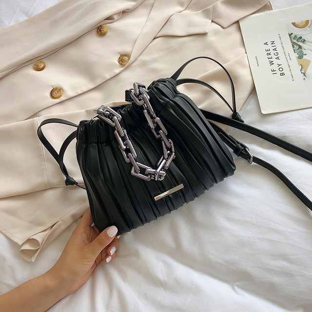 Metal Chain Small PU Leather Drawstring Bucket Bag Crossbody Bags For Women