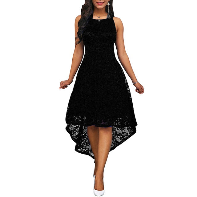 Floral Lace Women Solid Color Sleeveless Formal Party Midi Dress