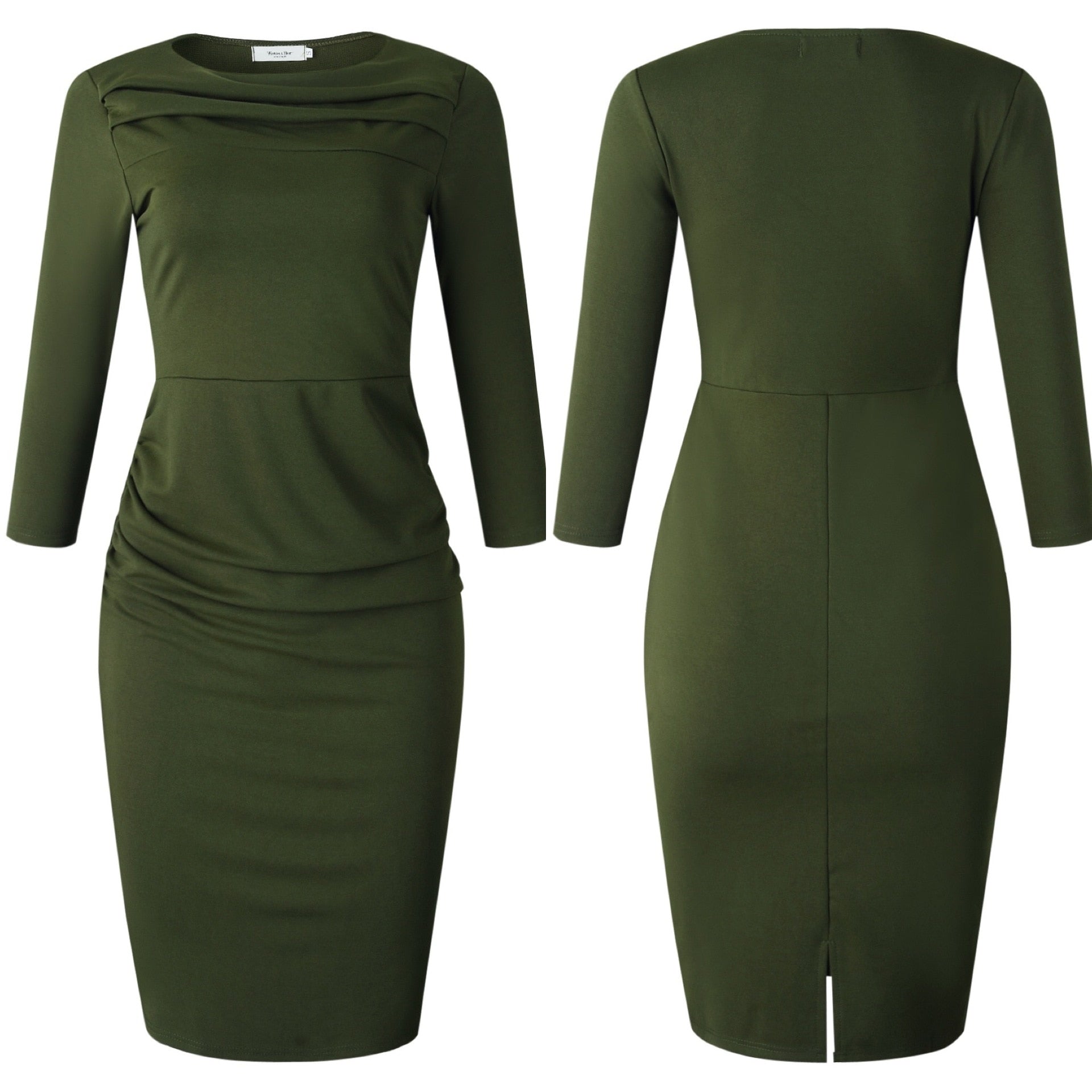 Women Army Green Dresses Elegant Bodycon Three Quarter Sleeve Pleat O Neck Office Ladies Fashion