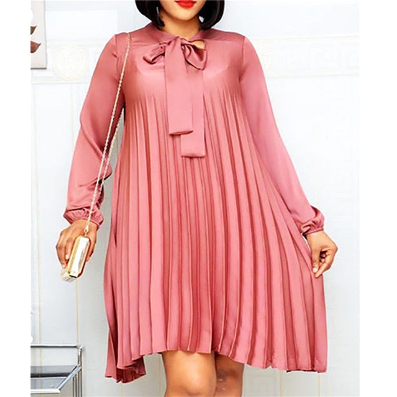 Plus Size Pleated Dresses with Bowtie Long Lantern