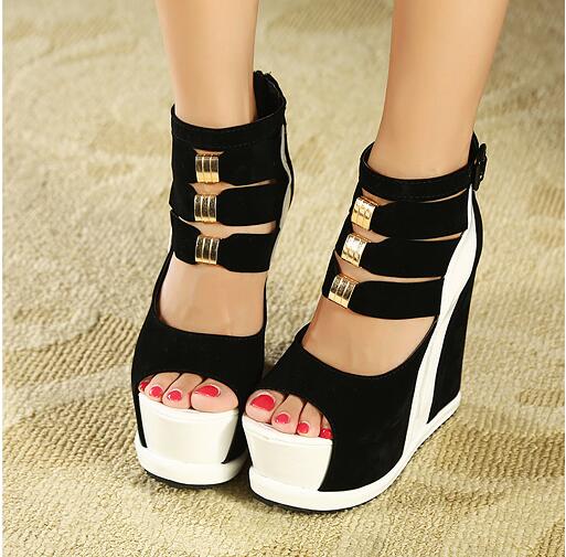 Woman Shoes 2020 Thick Soles Sandals Wedges High Heel 14cm Peep Toe Mixed Colors Sexy Shoes