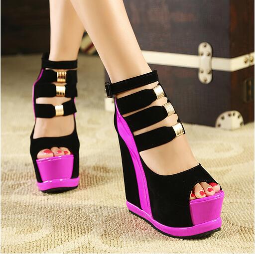 Woman Shoes 2020 Thick Soles Sandals Wedges High Heel 14cm Peep Toe Mixed Colors Sexy Shoes