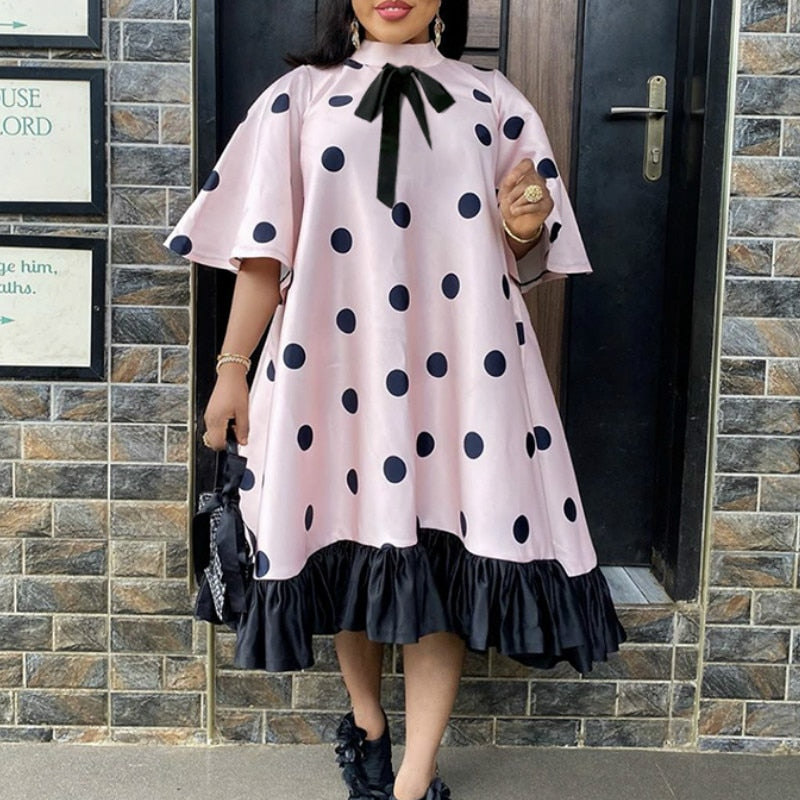 Women Pink Dress Polka Dot with Bowtie Lovely Loose Princess Party Ruffles Patchwork African Female Cute