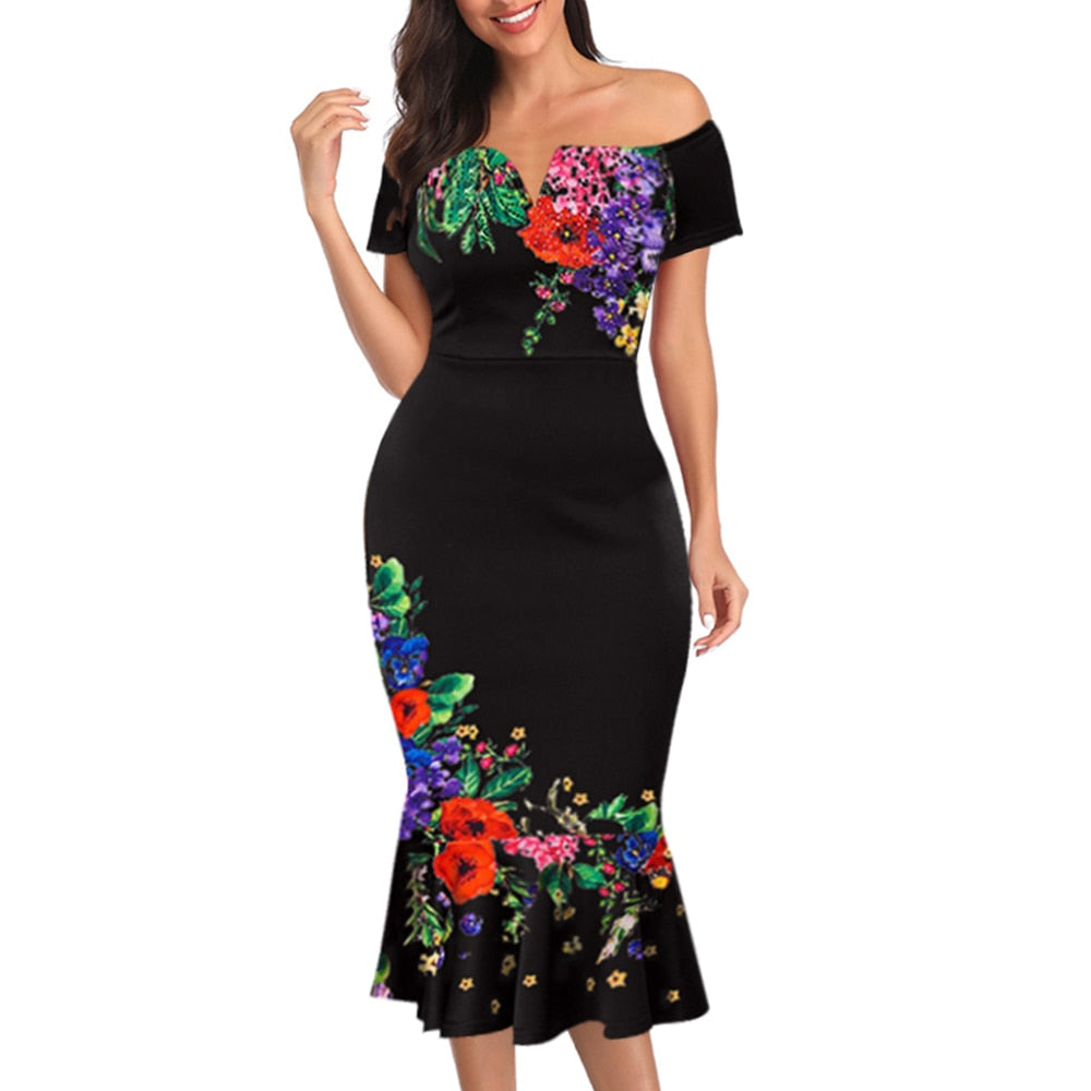 M-3XL Plus Size Women New Off-shoulder Female Printed Bodycon