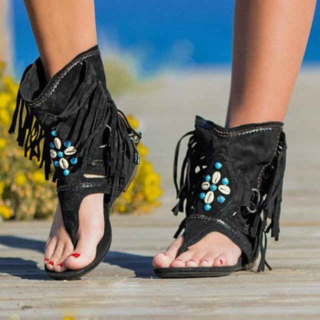 Women Retro Clip Toe Sandals Ladies Gladiator Sexy Vintage Boots Casual Tassel Rome Summer Beach
