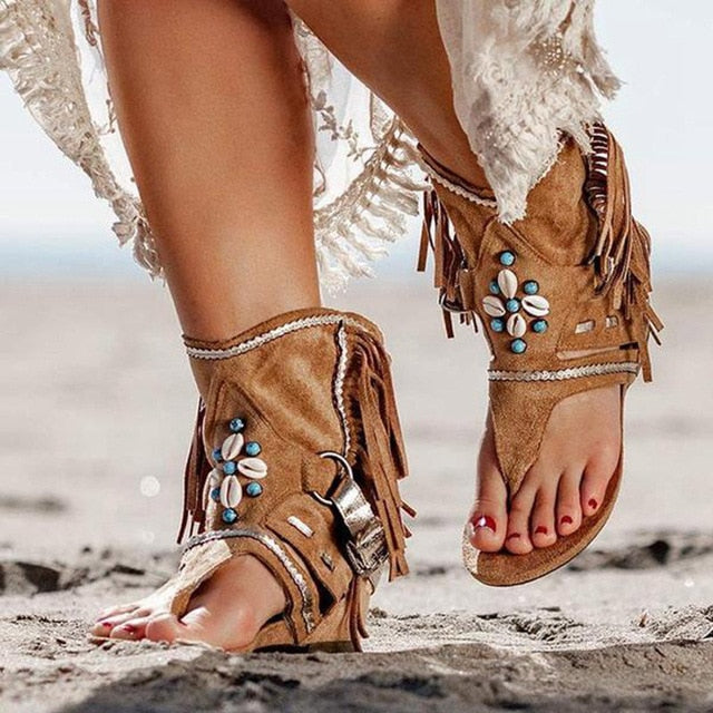 Women Retro Clip Toe Sandals Ladies Gladiator Sexy Vintage Boots Casual Tassel Rome Summer Beach