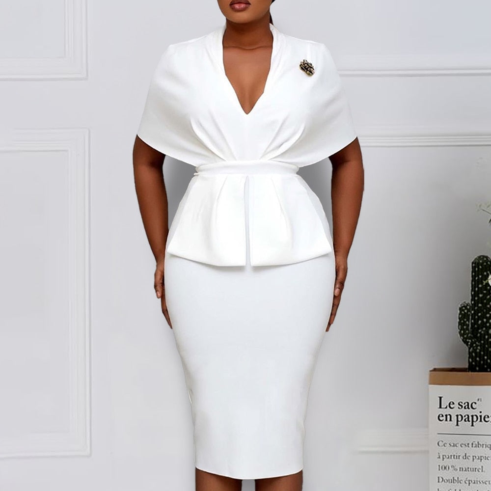 Women Slim Dresses Elegant Bodycon Classy Ladies Office Work Wear V Neck Large Size Fashion New Peplum