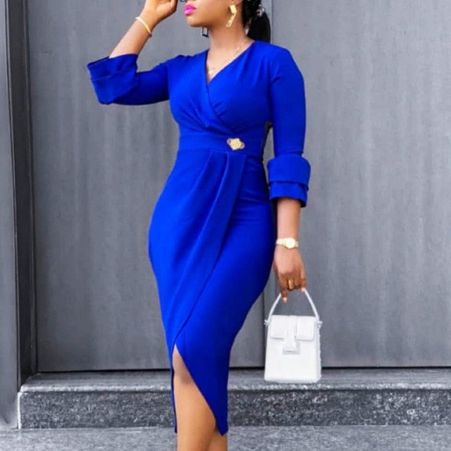 Women Dresses  V Neck Elegant Office Ladies Work Wear Modest Slim Classy African Female Vestidos