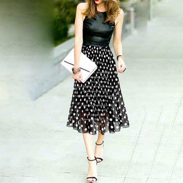 Women Polka Dot Skirt Chiffon High Waist A Line Midi Skirts Sweet Girls Classy Casual