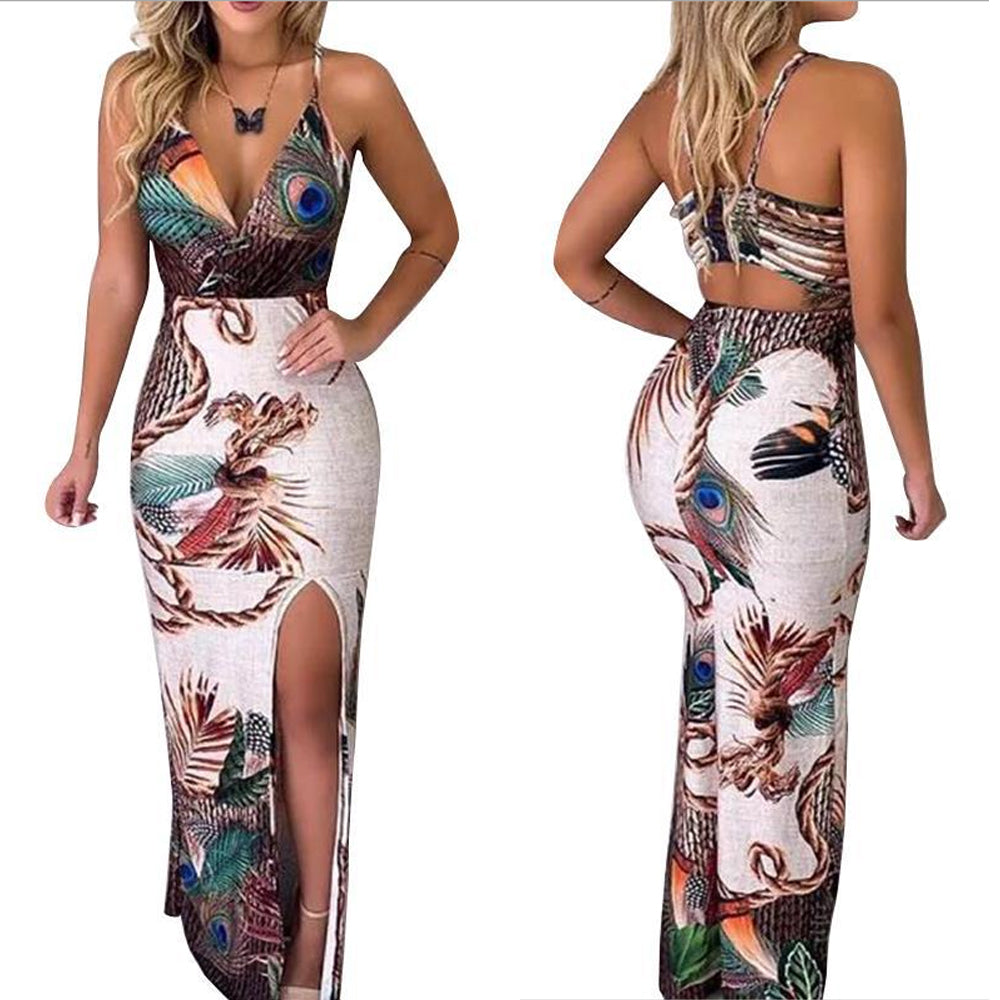 Elegant Bodycon Mini Short Women Sling V Neck Peacock Feather Print Split Pencil Dress Beach Sundress For Summer