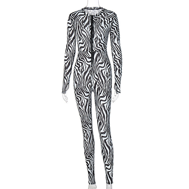 Sexy Zebra Print Zipper Autumn Winter Jumpsuit