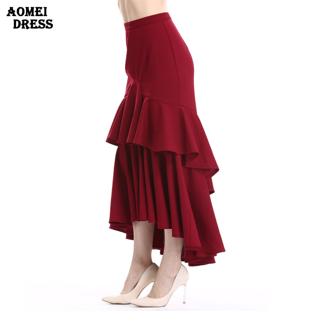 Ladies Ruffles Cake Irregular Skirt Wine Red Color High Waist Female Elegant Party Wear