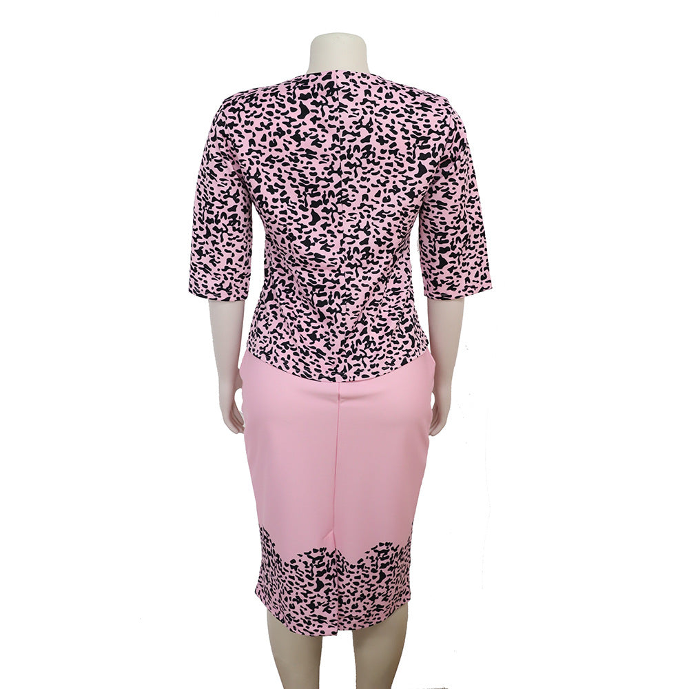 Large Size African Women's Dresses and Coats Two-piece Suits Pink Leopard Bodycon Dresses