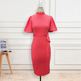 Dress Bodycon Lantern Short Sleeves with Sashes Women Modest Ladies Package Hip Office Lady Elegant