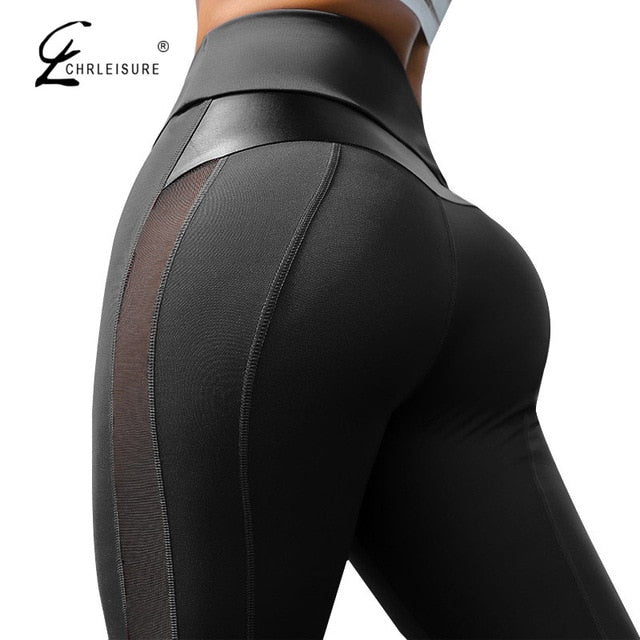 Women  Leather Patchwork High Waist Fitness Leggings For Workout