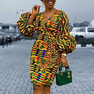 Printed Dress Puff Sleeve African Women