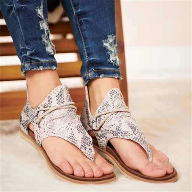 Women Flat Sandals Leopard Snake Print Summer Shoes Large Size Andals Beach Leather Sandals