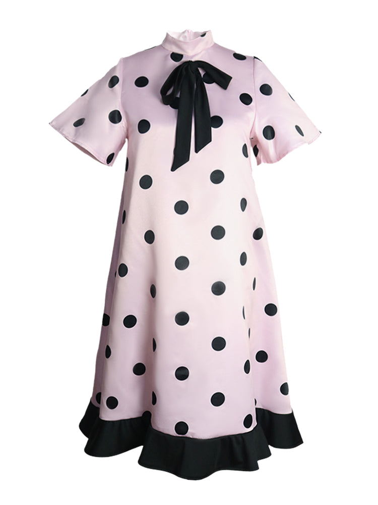 Women Pink Dress Polka Dot with Bowtie Lovely Loose Princess Party Ruffles Patchwork African Female Cute