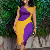 Women Bodycon Dress Yellow Purple Patchwork Short Sleeve African Large Size Summer Fashion