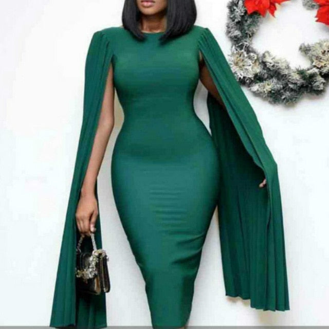 Women Bodycon Dresses Clock Sleeves Pleated Green Christmas Party Celebrate