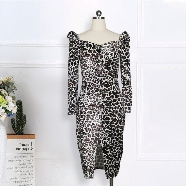 Women Leopard Printed Dress Velvet Long Sleeves Bodycon Sexy Slit Button Up Autumn Female Fashion Fall