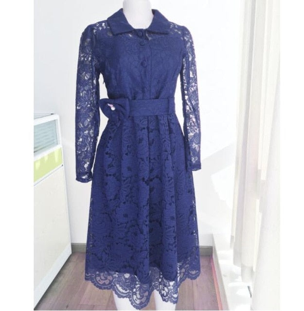 Autumn 2021 African Women lace Kness Length dresses Long Sleeve Slim Elegant Evening Party