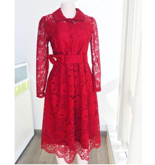 Autumn 2021 African Women lace Kness Length dresses Long Sleeve Slim Elegant Evening Party