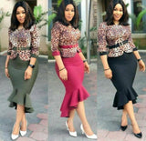 2021 Women's Office Lady Dress Leopard-print stitching fishtail dress (send belt) African women's dress