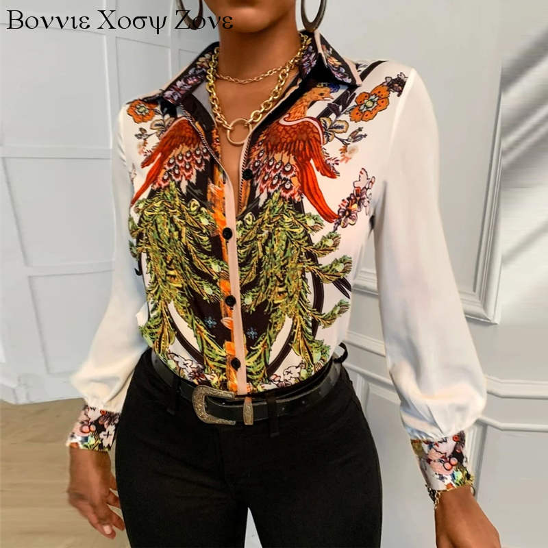 Phoenix Print Women Turn-down Collar Buttoned Design  Long Sleeve Shirt Oversized Blouse