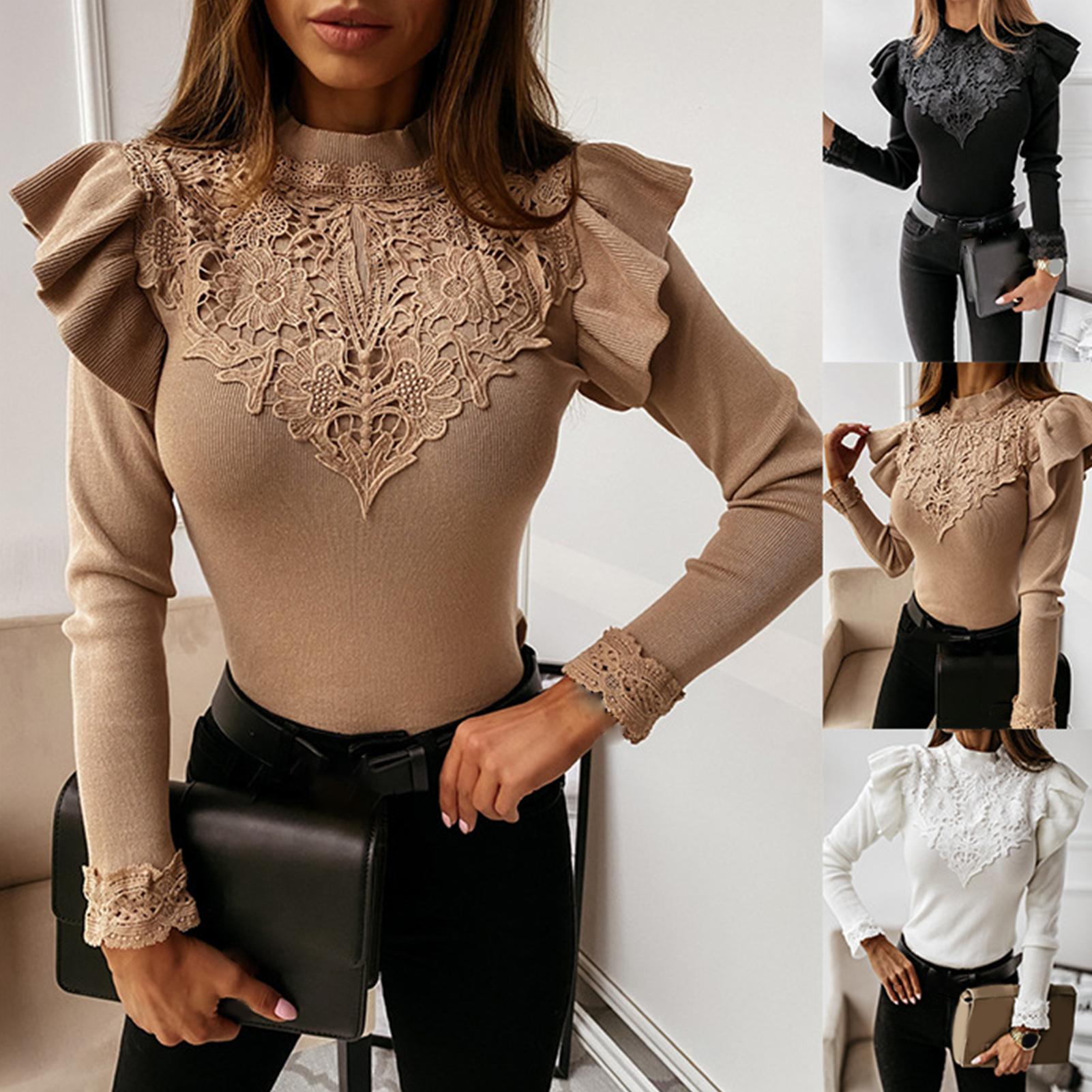 New Autumn Long Sleeve Ruffle Lace Patchwork Blouse For Women