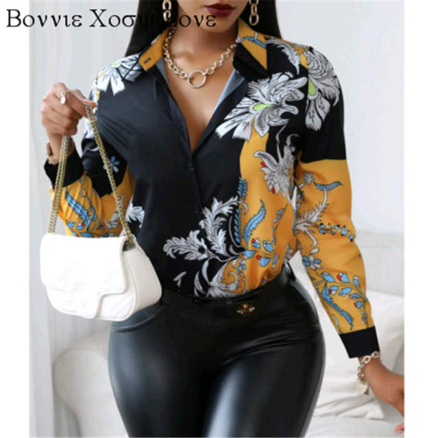 Phoenix Print Women Turn-down Collar Buttoned Design  Long Sleeve Shirt Oversized Blouse