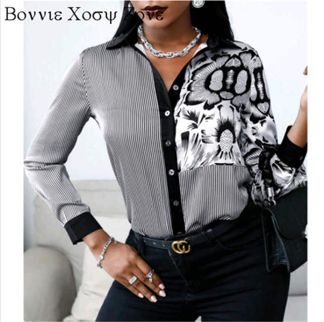 Phoenix Print Women Turn-down Collar Buttoned Design  Long Sleeve Shirt Oversized Blouse