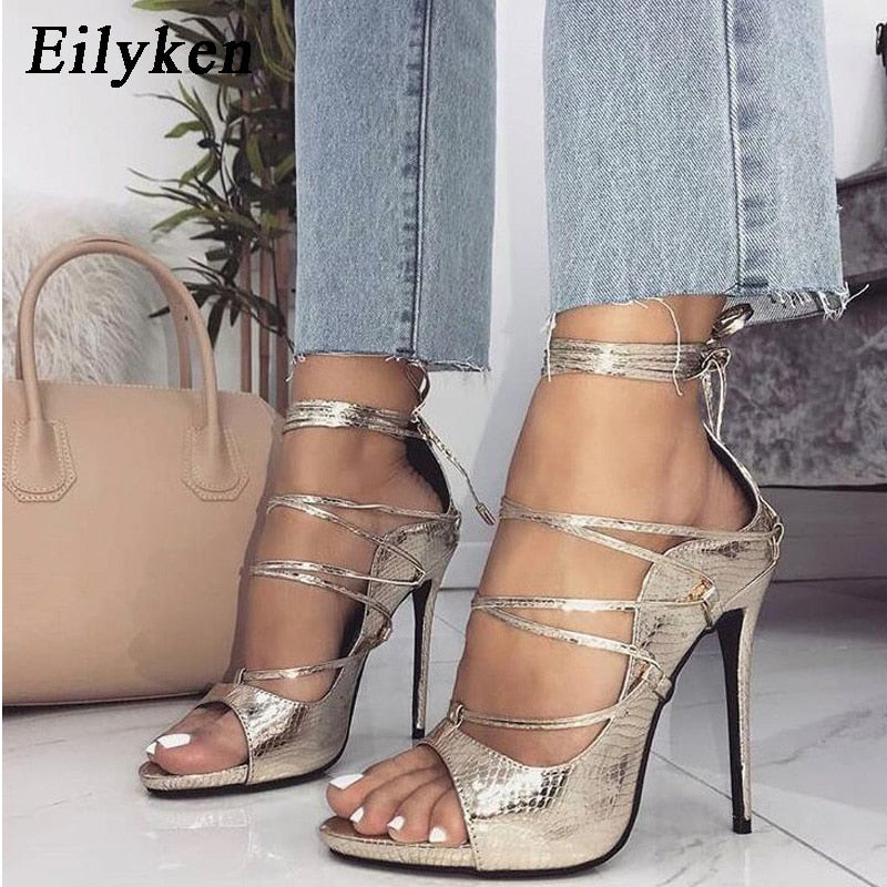Golden Woman Sandals Sexy Cut-outs Cross-tied