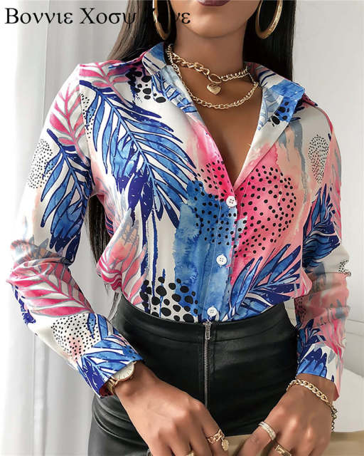 Phoenix Print Women Turn-down Collar Buttoned Design  Long Sleeve Shirt Oversized Blouse