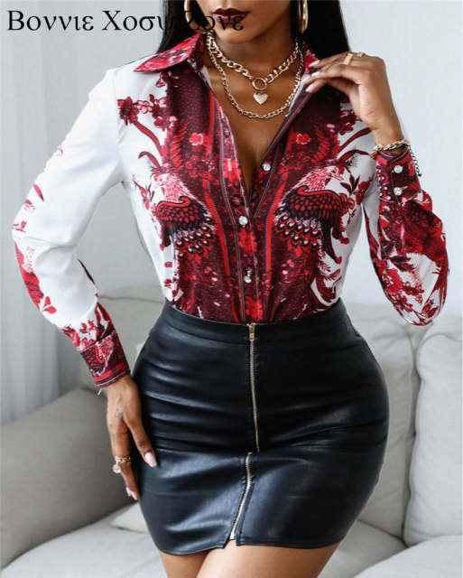 Phoenix Print Women Turn-down Collar Buttoned Design  Long Sleeve Shirt Oversized Blouse