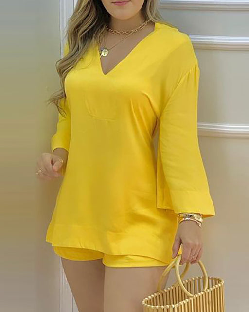 Casual Plain Bell V-Neck Long Sleeve Loose Top And Shorts