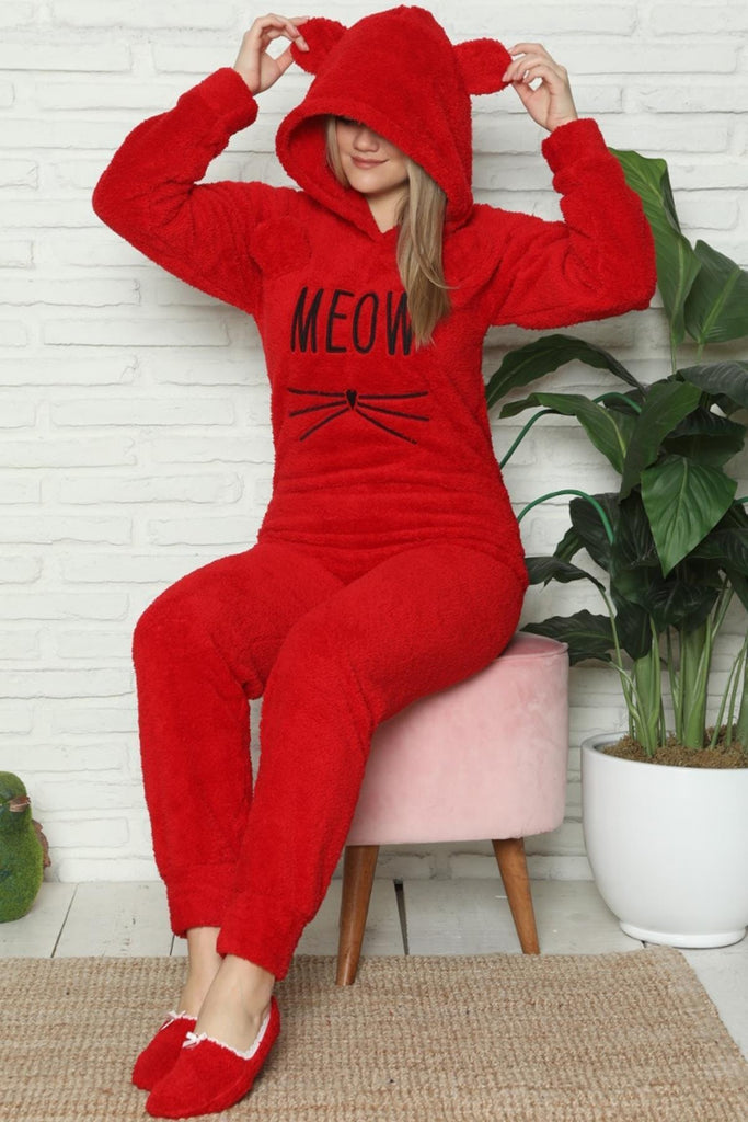 Turkish Red Meow Patterned Full Plush Pajamas set