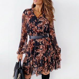 Ladies V Neck Floral Dress Spring Flower Print Long Sleeve Lace-Up Ruffle Dress