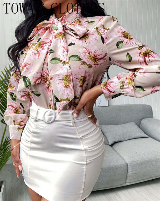 Floral &amp; Chains Print Casual Blouse Chic Office Lady Elegant Spring Fall Top Shirt Streetwear Women Long Sleeve Shirts