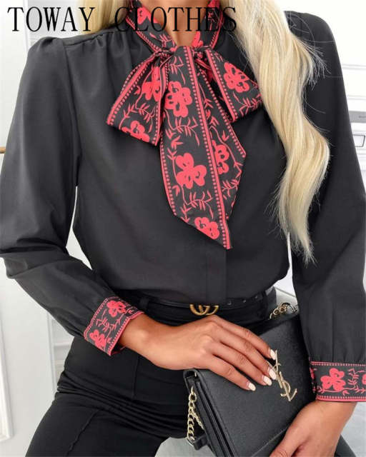 Floral &amp; Chains Print Casual Blouse Chic Office Lady Elegant Spring Fall Top Shirt Streetwear Women Long Sleeve Shirts