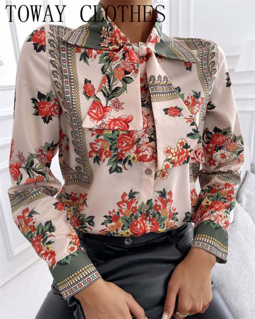 Floral &amp; Chains Print Casual Blouse Chic Office Lady Elegant Spring Fall Top Shirt Streetwear Women Long Sleeve Shirts