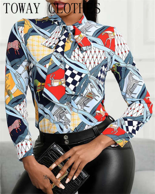 Floral &amp; Chains Print Casual Blouse Chic Office Lady Elegant Spring Fall Top Shirt Streetwear Women Long Sleeve Shirts