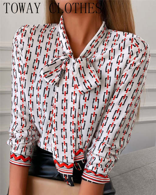 Floral &amp; Chains Print Casual Blouse Chic Office Lady Elegant Spring Fall Top Shirt Streetwear Women Long Sleeve Shirts