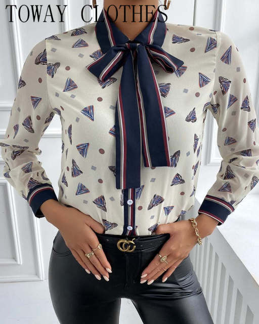 Floral &amp; Chains Print Casual Blouse Chic Office Lady Elegant Spring Fall Top Shirt Streetwear Women Long Sleeve Shirts