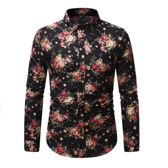 Spring Flower Printed Long Sleeve Shirt for Men