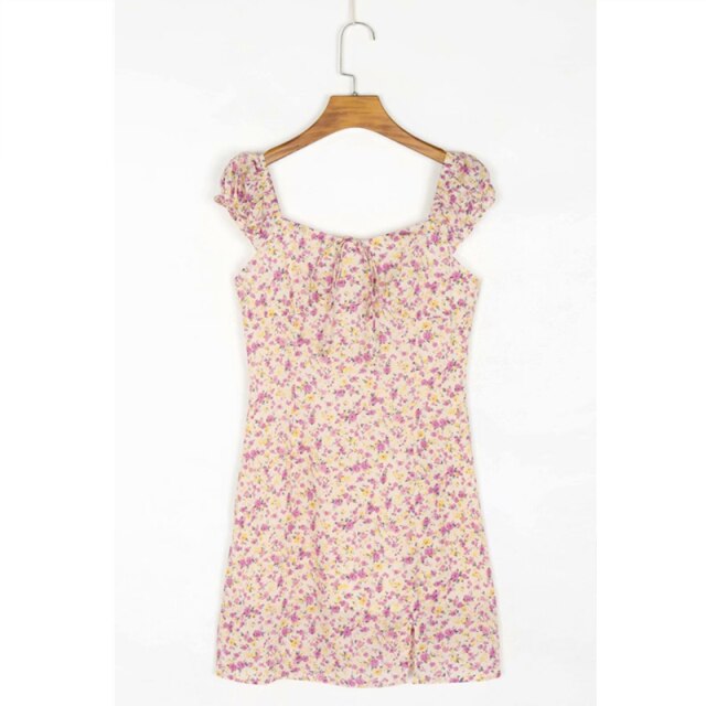 Bazaleas Vintage Sexy Pink Yellow Floral Print Sheath Vestidos Retro Cap Sleeve Split Summer Dress